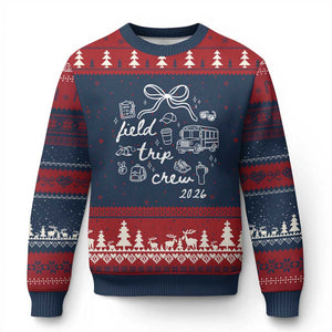 Field Trip Crew 2026 Coquette Bow Ugly Christmas Sweater Hand Drawn Doodle Graphic Teacher Chaperone TS02 Navy Red Print Your Wear