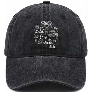 Field Trip Crew 2026 Coquette Bow Washed Cotton Baseball Cap Hand Drawn Doodle Graphic Teacher Chaperone TS02 Print Your Wear