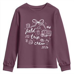 Field Trip Crew 2026 Coquette Bow Youth Sweatshirt Hand Drawn Doodle Graphic Teacher Chaperone TS02 Maroon Print Your Wear
