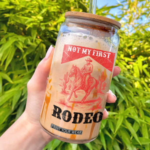 Not My First Rodeo Vintage Cowboy Graphic Glass Can Retro Western Desert Scene with Horse and Cactus TS02 White Print Your Wear