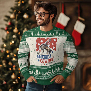 Make America Cowboy Again Patriotic Western Ugly Christmas Sweater Bucking Bronco Star Spangled USA Flag Inspired Country TS02 Beige Green Print Your Wear