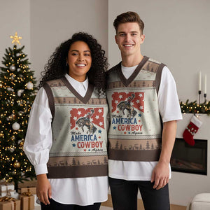 Make America Cowboy Again Patriotic Western V-Neck Knit Sweater Vest Bucking Bronco Star Spangled USA Flag Inspired Country TS02 Mocha Mousse Print Your Wear