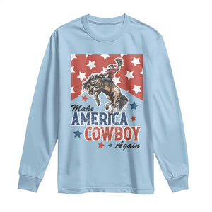 Make America Cowboy Again Patriotic Western Long Sleeve Shirt Bucking Bronco Star Spangled USA Flag Inspired Country TS02 Light Blue Print Your Wear