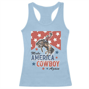 Make America Cowboy Again Patriotic Western Racerback Tank Top Bucking Bronco Star Spangled USA Flag Inspired Country TS02 Light Blue Print Your Wear