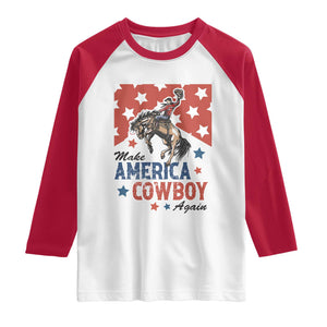 Make America Cowboy Again Patriotic Western Raglan Shirt Bucking Bronco Star Spangled USA Flag Inspired Country TS02 White Red Print Your Wear