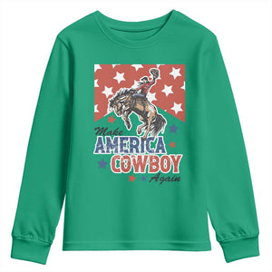 Make America Cowboy Again Patriotic Western Youth Sweatshirt Bucking Bronco Star Spangled USA Flag Inspired Country TS02 Irish Green Print Your Wear
