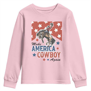 Make America Cowboy Again Patriotic Western Youth Sweatshirt Bucking Bronco Star Spangled USA Flag Inspired Country TS02 Light Pink Print Your Wear