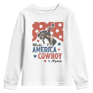 Make America Cowboy Again Patriotic Western Youth Sweatshirt Bucking Bronco Star Spangled USA Flag Inspired Country TS02 White Print Your Wear