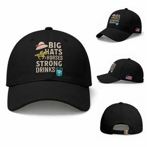 Big Hats Fast Horses Strong Drinks Retro Baseball Cap Southern Derby Day Watch Party Graphic TS02 Baseball Cap Universal Fit Black Print Your Wear