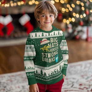 Big Hats Fast Horses Strong Drinks Retro Ugly Christmas Sweater Southern Derby Day Watch Party Graphic TS02 Forest Green Beige Print Your Wear