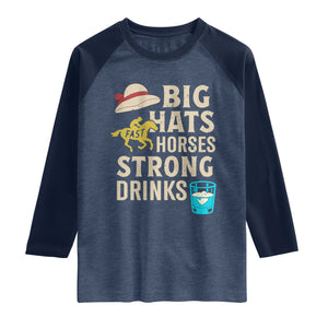 Big Hats Fast Horses Strong Drinks Retro Raglan Shirt Southern Derby Day Watch Party Graphic TS02 Heather Denim Navy Print Your Wear