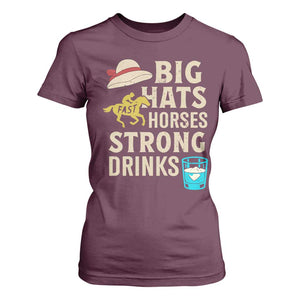 Big Hats Fast Horses Strong Drinks Retro T Shirt For Women Southern Derby Day Watch Party Graphic TS02 Maroon Print Your Wear