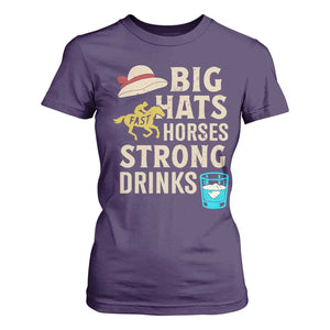 Big Hats Fast Horses Strong Drinks Retro T Shirt For Women Southern Derby Day Watch Party Graphic TS02 Purple Print Your Wear