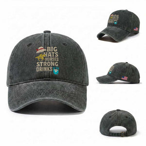 Big Hats Fast Horses Strong Drinks Retro Washed Cotton Baseball Cap Southern Derby Day Watch Party Graphic TS02 Washed Cap Universal Fit Dark Green Print Your Wear