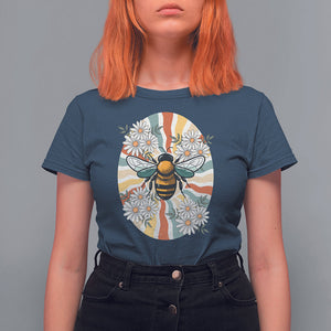 Vintage Bee Daisy Flowers Retro Groovy T Shirt For Women TS02 Navy Printyourwear