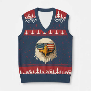Patriotic Bald Eagle V-Neck Knit Sweater Vest With Sunglasses American Flag Vintage TS02 Navy Red Print Your Wear