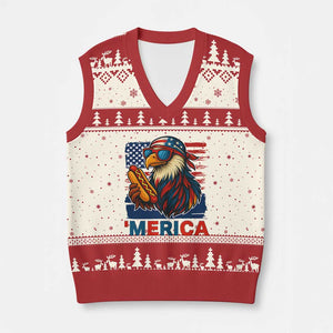 Funny American Eagle Eating Hot Dog V-Neck Knit Sweater Vest 4th Of July Party Patriotic USA Flag TS02 Beige Red Print Your Wear
