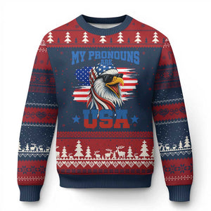 My Pronouns Are USA Ugly Christmas Sweater Bold Patriotic Eagle with American Flag Bandana Mullet TS02 Navy Red Print Your Wear