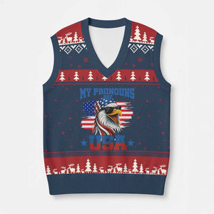 My Pronouns Are USA V-Neck Knit Sweater Vest Bold Patriotic Eagle with American Flag Bandana Mullet TS02 Navy Red Print Your Wear