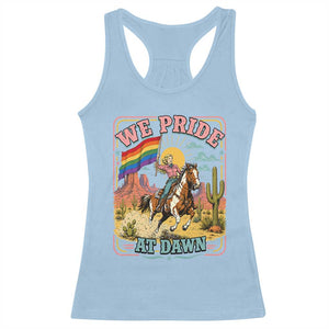 We Pride at Dawn Retro Rainbow Cowgirl Racerback Tank Top Pride Month Country Western Vibes