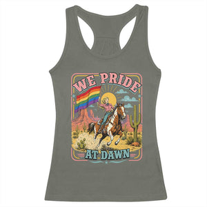 We Pride at Dawn Retro Rainbow Cowgirl Racerback Tank Top Pride Month Country Western Vibes