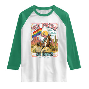 We Pride at Dawn Retro Rainbow Cowgirl Raglan Shirt Pride Month Country Western Vibes
