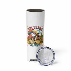 We Pride at Dawn Retro Rainbow Cowgirl Skinny Tumbler Pride Month Country Western Vibes TS02 Print Your Wear