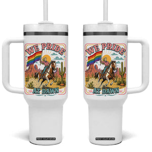We Pride at Dawn Retro Rainbow Cowgirl Tumbler With Handle Pride Month Country Western Vibes