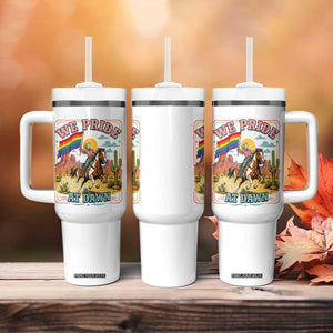 We Pride at Dawn Retro Rainbow Cowgirl Tumbler With Handle Pride Month Country Western Vibes