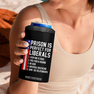 Prison Is Perfect For Liberals 4 in 1 Can Cooler Tumbler Distressed American Flag Conservative Humor