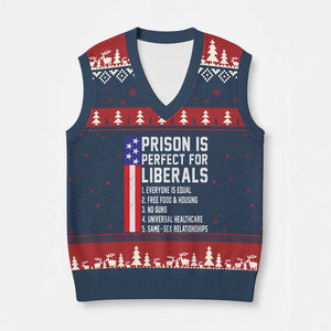Prison Is Perfect For Liberals V-Neck Knit Sweater Vest Distressed American Flag Conservative Humor
