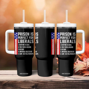 Prison Is Perfect For Liberals Tumbler With Handle Distressed American Flag Conservative Humor