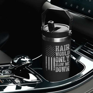 Funny Bald Pride Hair Would Only Slow Me Down Flip Straw Tumbler Distressed Patriotic US Flag Bald Men Joke