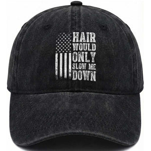 Funny Bald Pride Hair Would Only Slow Me Down Washed Cotton Baseball Cap Distressed Patriotic US Flag Bald Men Joke