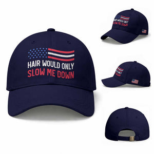 Hair Would Only Slow Me Down Retro Groovy Baseball Cap Patriotic Waving Flag Comedic Bald Pride