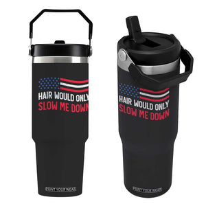 Hair Would Only Slow Me Down Retro Groovy Flip Straw Tumbler Patriotic Waving Flag Comedic Bald Pride