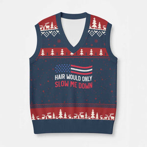 Hair Would Only Slow Me Down Retro Groovy V-Neck Knit Sweater Vest Patriotic Waving Flag Comedic Bald Pride