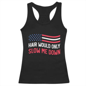 Hair Would Only Slow Me Down Retro Groovy Racerback Tank Top Patriotic Waving Flag Comedic Bald Pride