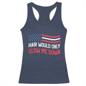 Hair Would Only Slow Me Down Retro Groovy Racerback Tank Top Patriotic Waving Flag Comedic Bald Pride