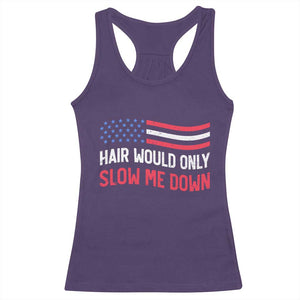 Hair Would Only Slow Me Down Retro Groovy Racerback Tank Top Patriotic Waving Flag Comedic Bald Pride