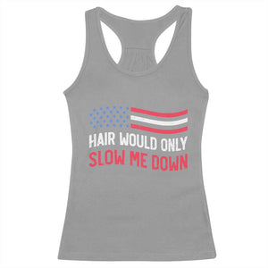 Hair Would Only Slow Me Down Retro Groovy Racerback Tank Top Patriotic Waving Flag Comedic Bald Pride