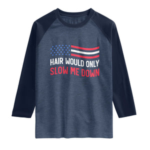 Hair Would Only Slow Me Down Retro Groovy Raglan Shirt Patriotic Waving Flag Comedic Bald Pride