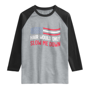 Hair Would Only Slow Me Down Retro Groovy Raglan Shirt Patriotic Waving Flag Comedic Bald Pride