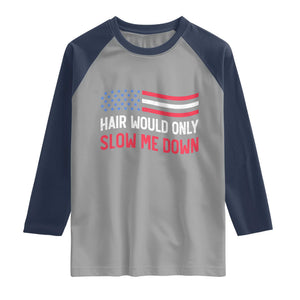 Hair Would Only Slow Me Down Retro Groovy Raglan Shirt Patriotic Waving Flag Comedic Bald Pride