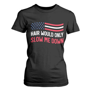 Hair Would Only Slow Me Down Retro Groovy T Shirt For Women Patriotic Waving Flag Comedic Bald Pride