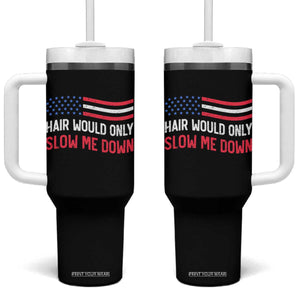 Hair Would Only Slow Me Down Retro Groovy Tumbler With Handle Patriotic Waving Flag Comedic Bald Pride