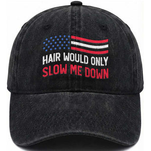 Hair Would Only Slow Me Down Retro Groovy Washed Cotton Baseball Cap Patriotic Waving Flag Comedic Bald Pride