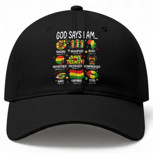 God Says I Am Juneteenth Christian Baseball Cap Pan-African Afrocentric Faith Bible Verses Freedom Day