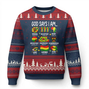 God Says I Am Juneteenth Christian Ugly Christmas Sweater Pan-African Afrocentric Faith Bible Verses Freedom Day