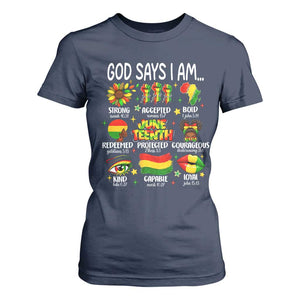 God Says I Am Juneteenth Christian T Shirt For Women Pan-African Afrocentric Faith Bible Verses Freedom Day TS02 Navy Print Your Wear